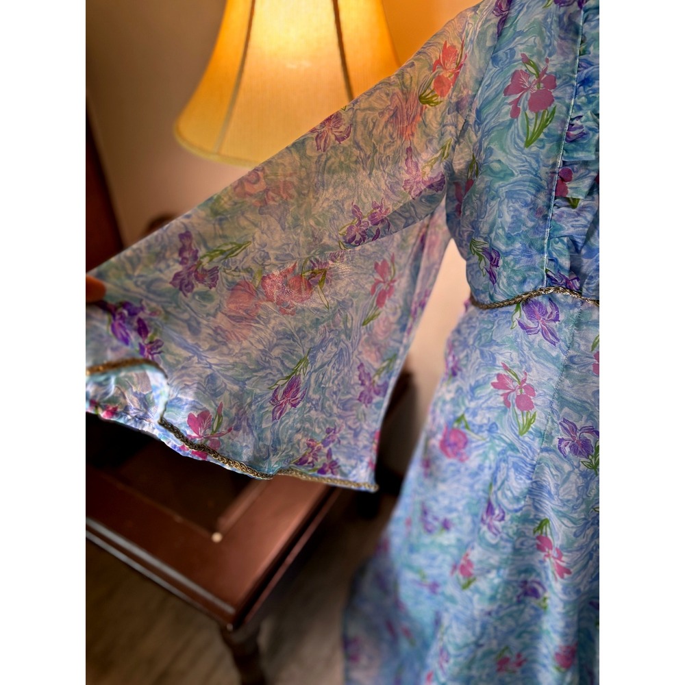 Vintage‎ 60s Mad Men flower Dress Set, Sheer Layered Gown Bell Sleeve S/M - Picture 8 of 16